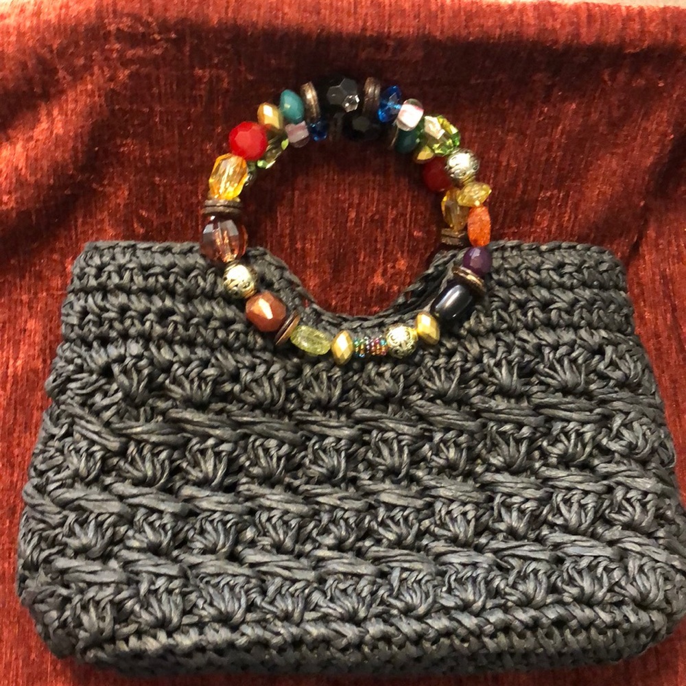 Custom made lined Black Straw Purse Bead Handle